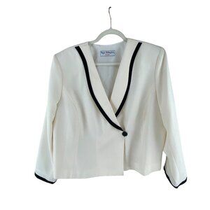 Maggie McNaughton Women's Petite Ivory Blazer 1980s Black Trim Evening Business